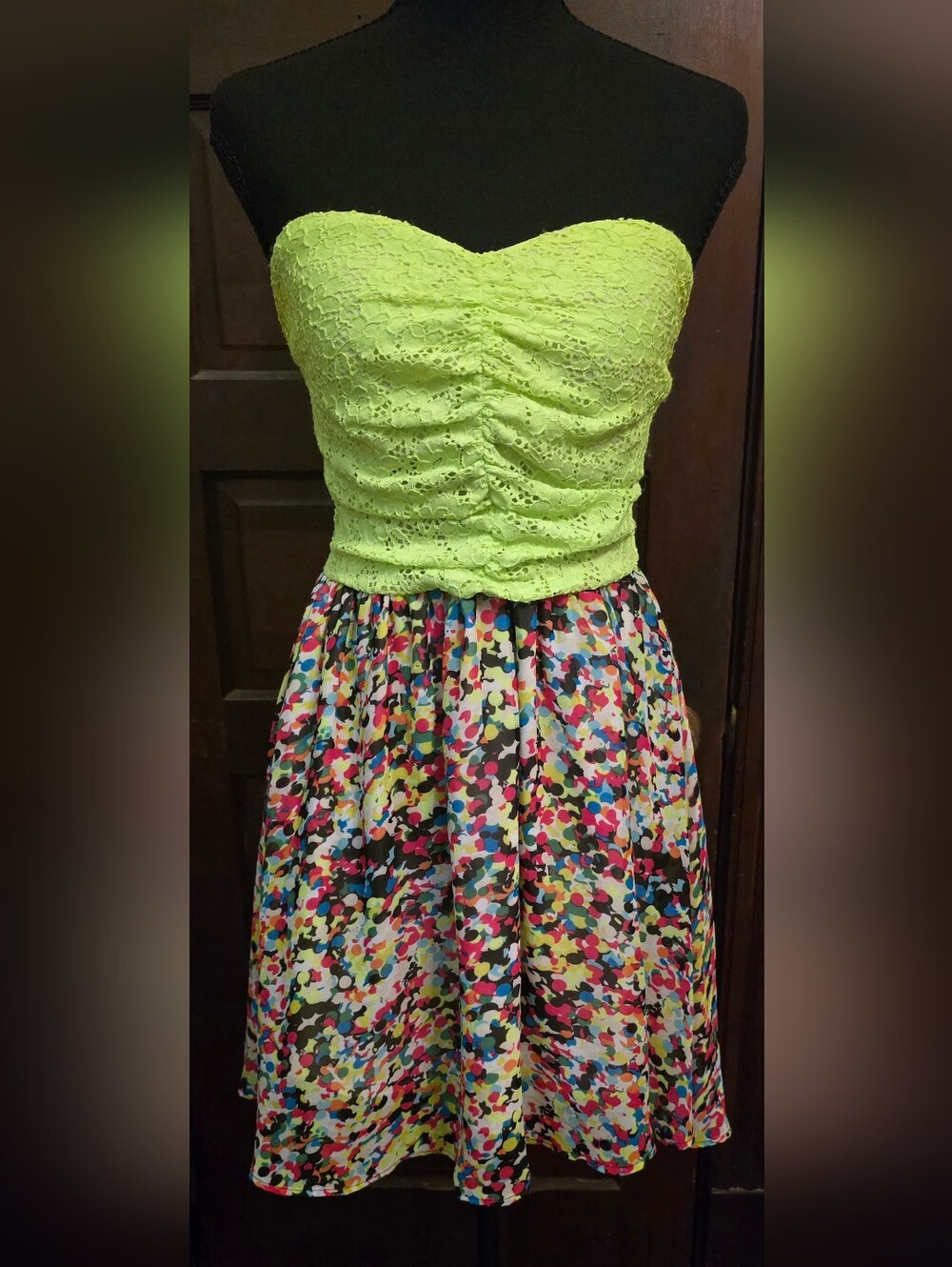 Neon Lime Lace Bodice Multicolor Confetti Skater Skirt